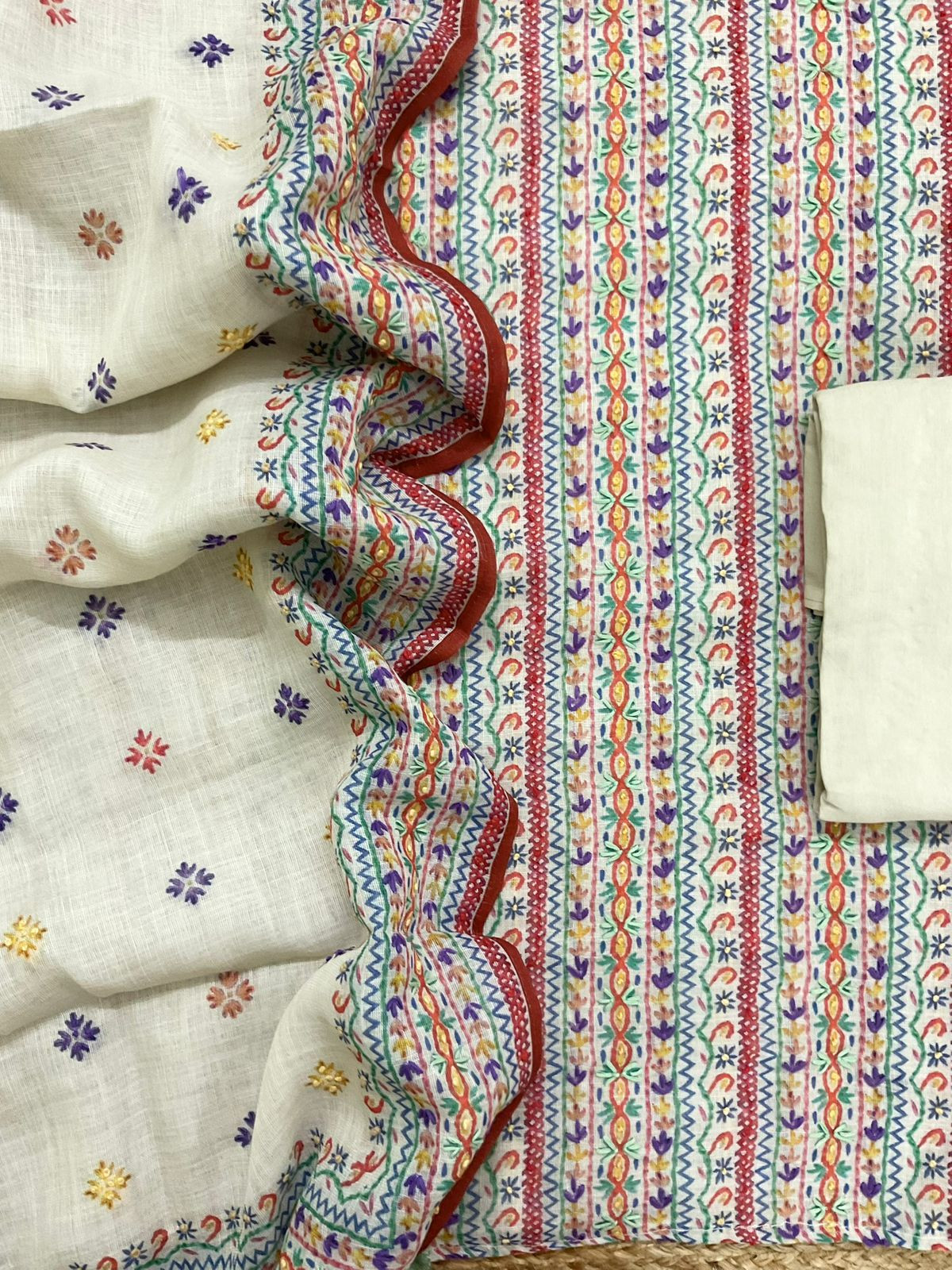 Soft Linen Jute Cotton Printed Embroidered Suit - Cream