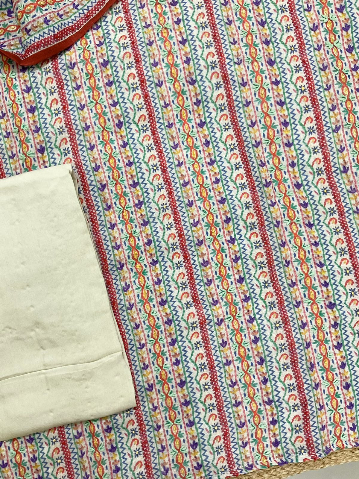 Soft Linen Jute Cotton Printed Embroidered Suit - Cream