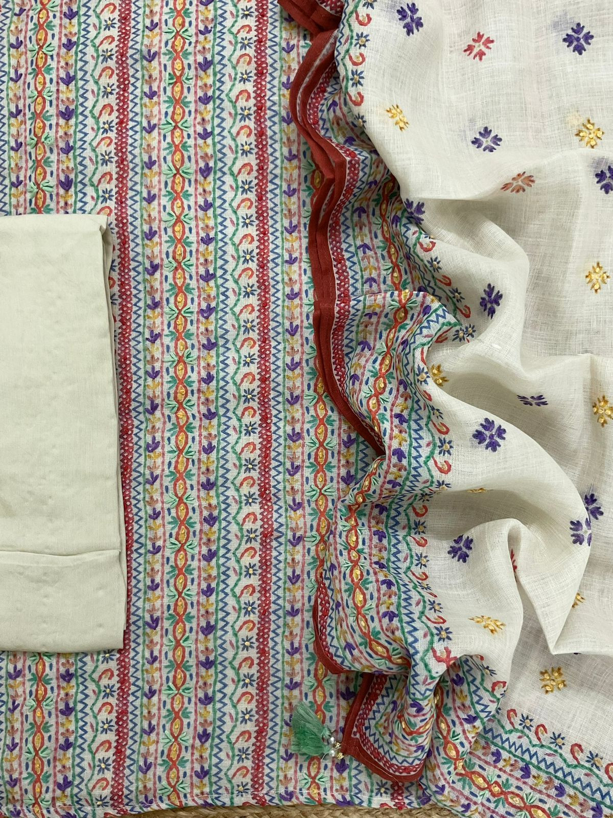 Soft Linen Jute Cotton Printed Embroidered Suit - Cream