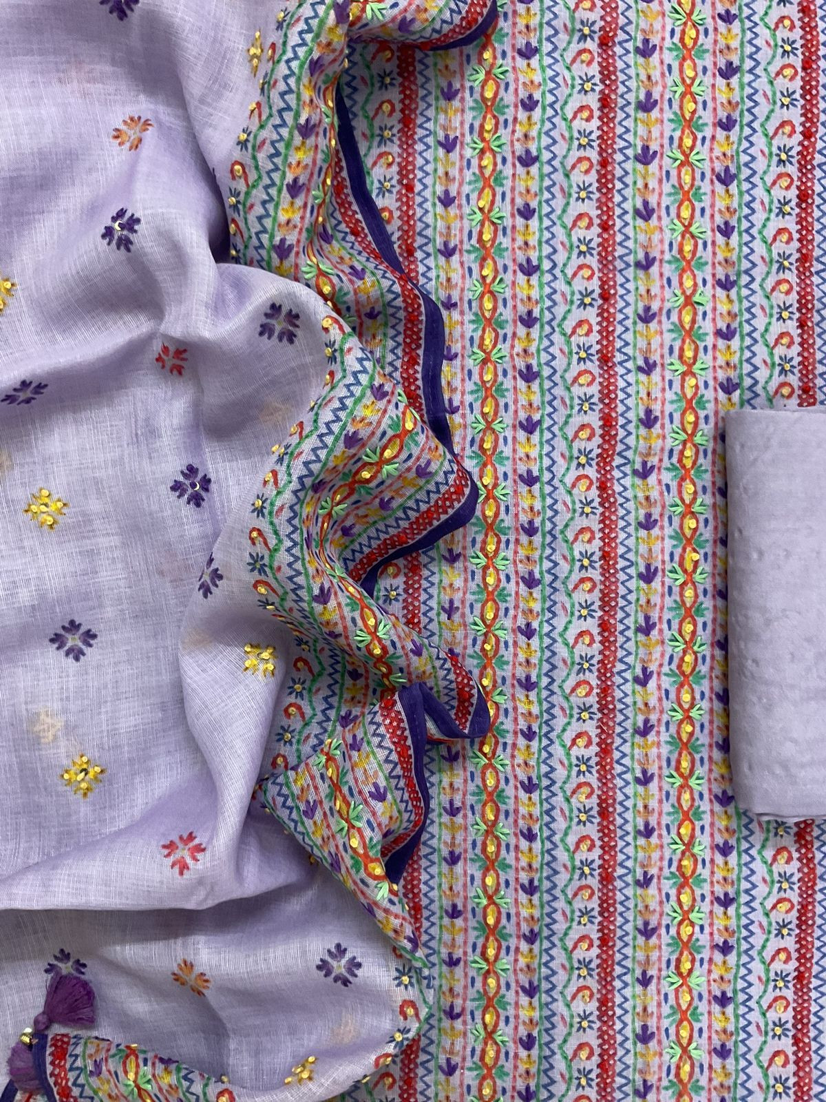 Soft Linen Jute Cotton Printed Embroidered Suit - Lavender
