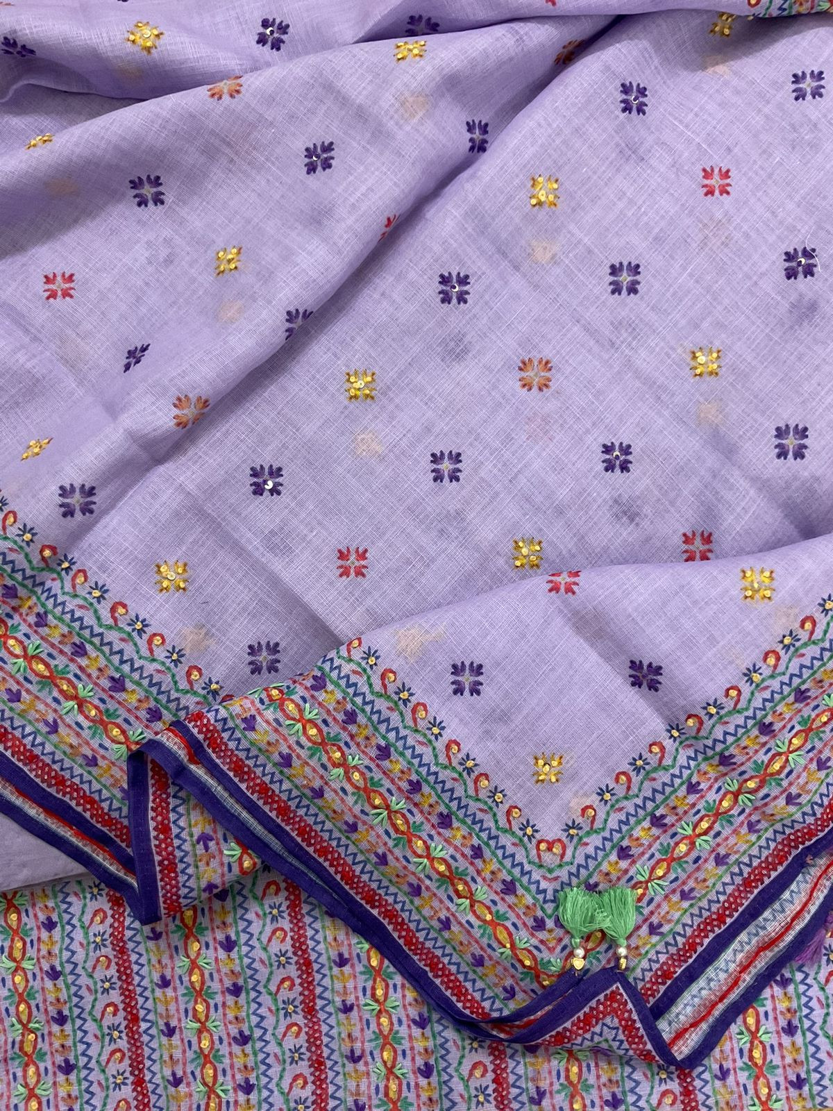 Soft Linen Jute Cotton Printed Embroidered Suit - Lavender