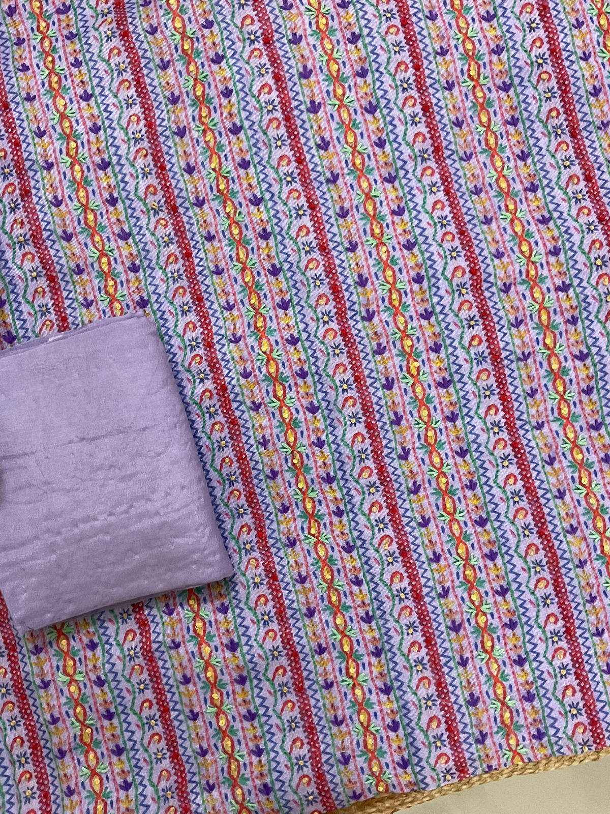 Soft Linen Jute Cotton Printed Embroidered Suit - Lavender
