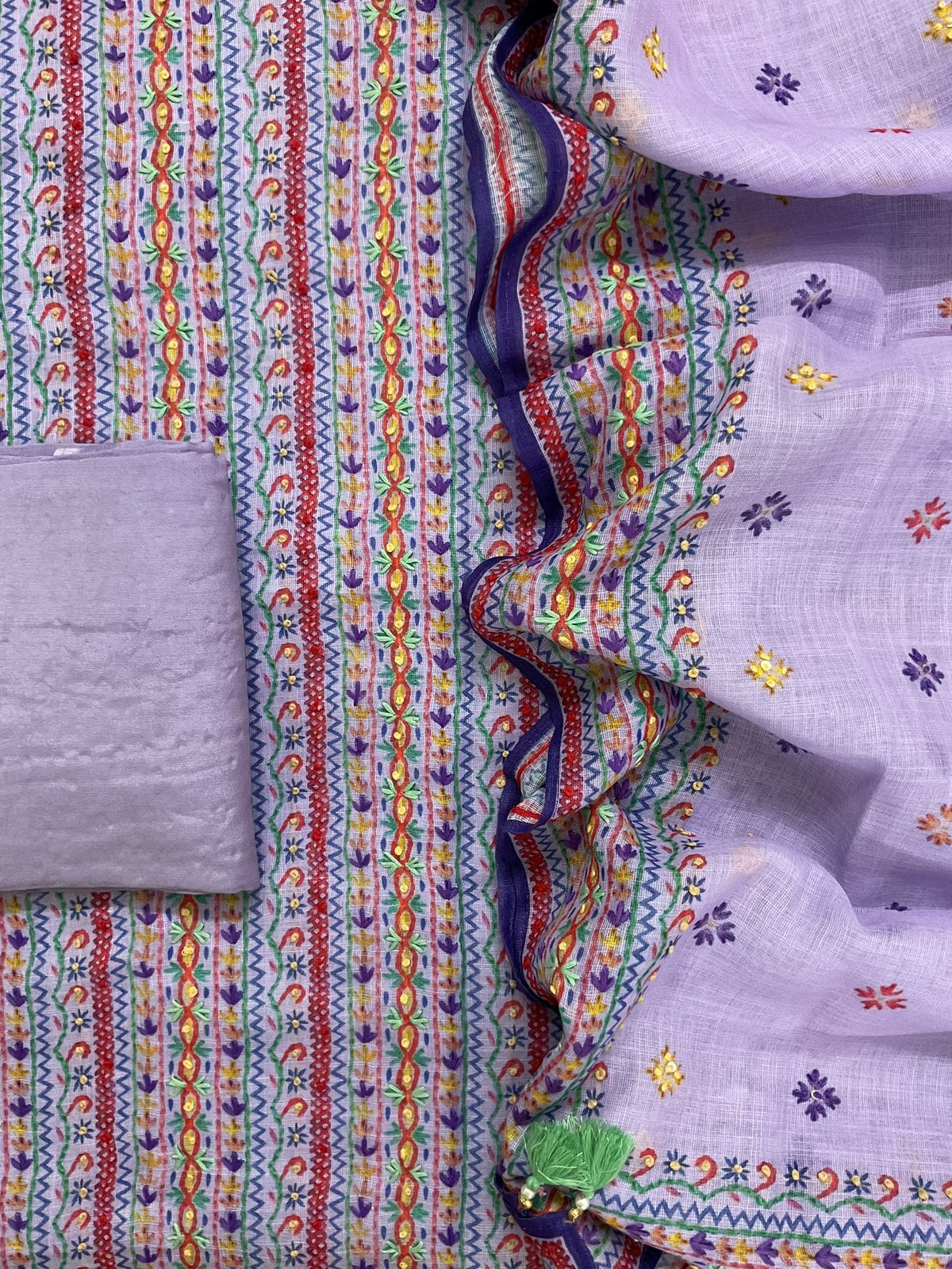 Soft Linen Jute Cotton Printed Embroidered Suit - Lavender