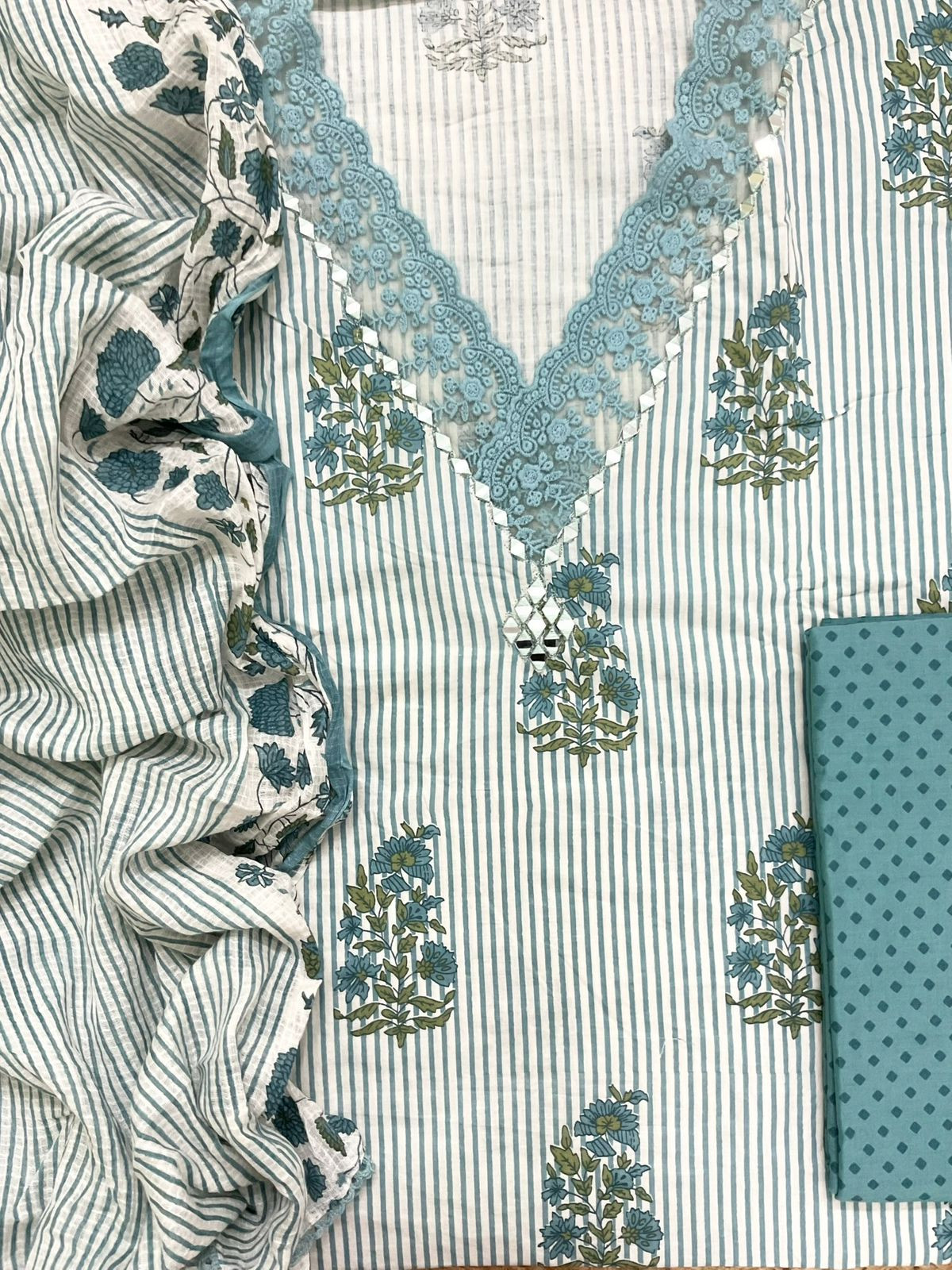Pure Cotton Printed Embroidered Suit - Blue