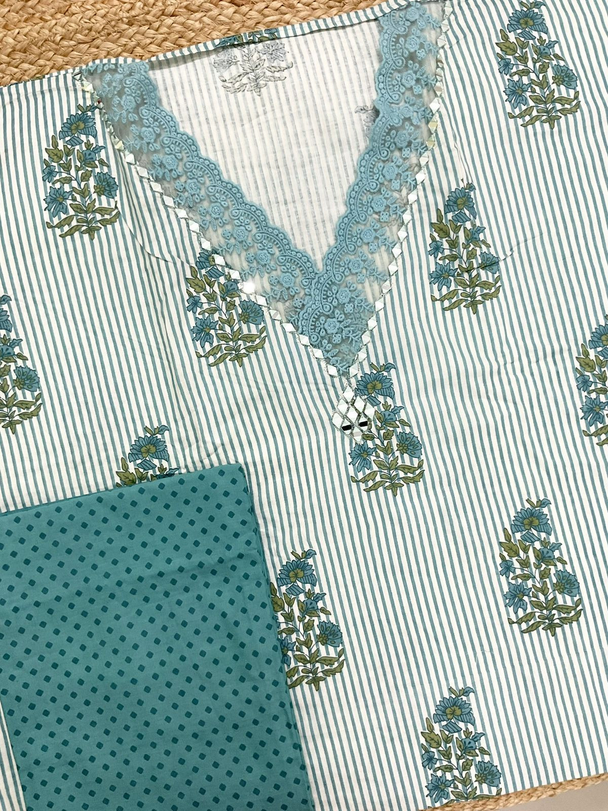 Pure Cotton Printed Embroidered Suit - Blue