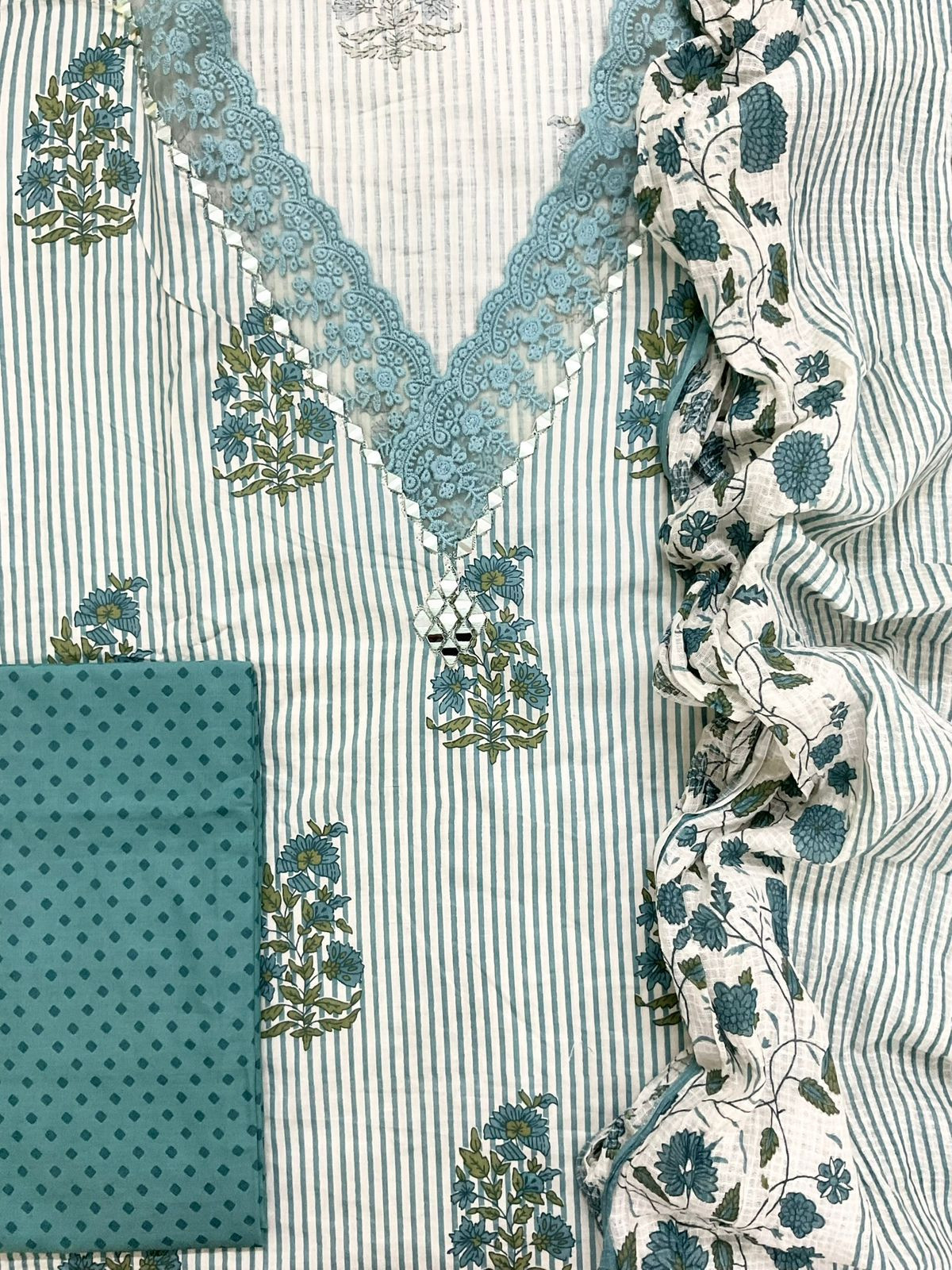 Pure Cotton Printed Embroidered Suit - Blue