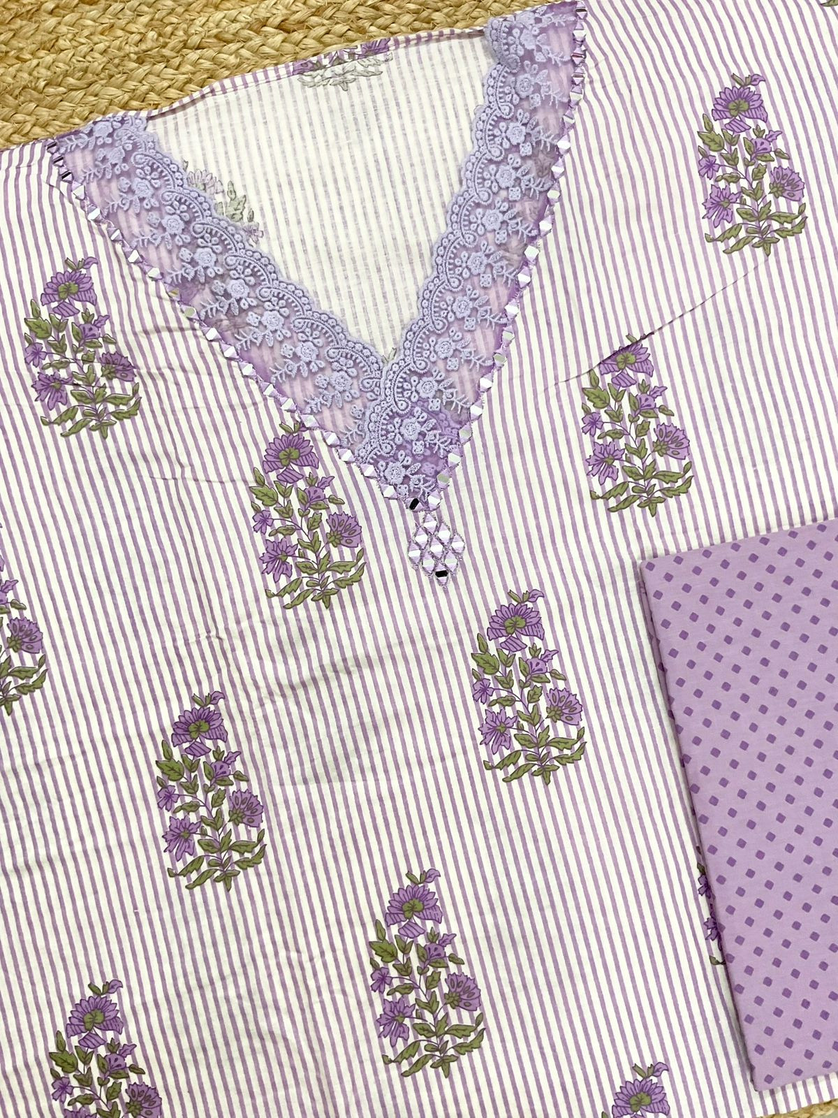 Pure Cotton Printed Embroidered Suit - Lavender