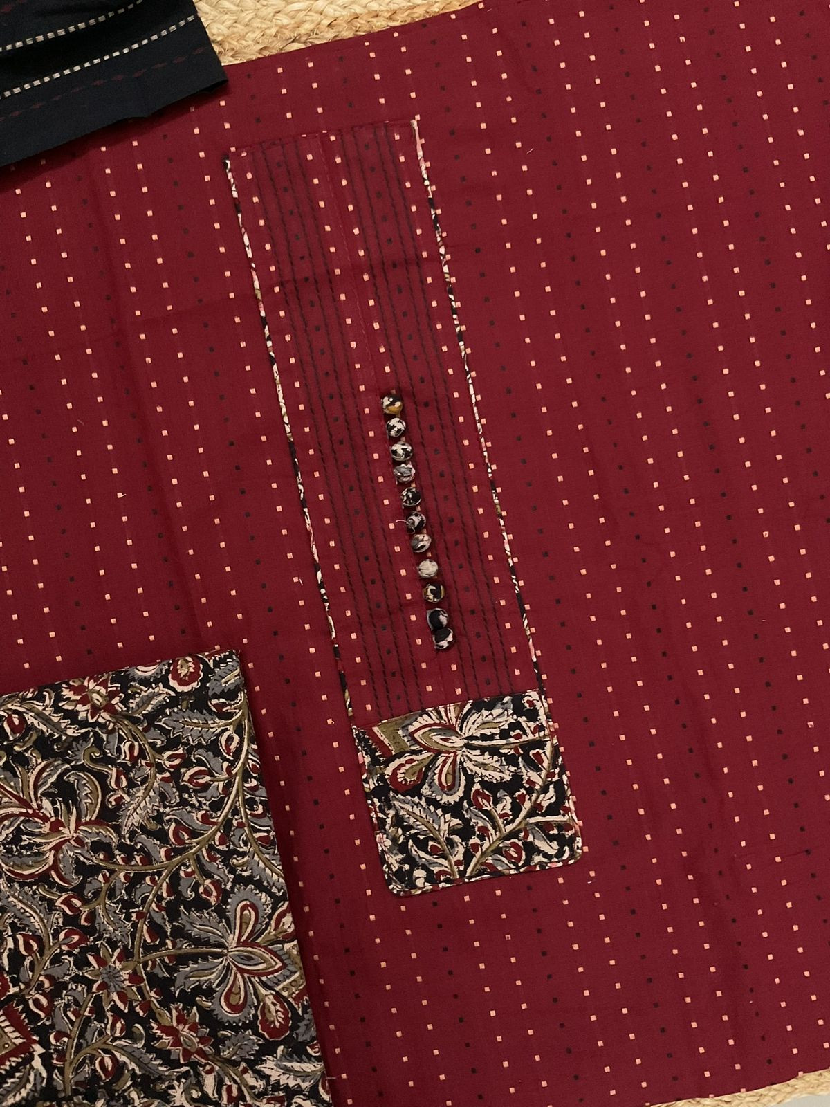 Pure Handloom Cotton Self Weaved Printed Embroidered Suit - Maroon