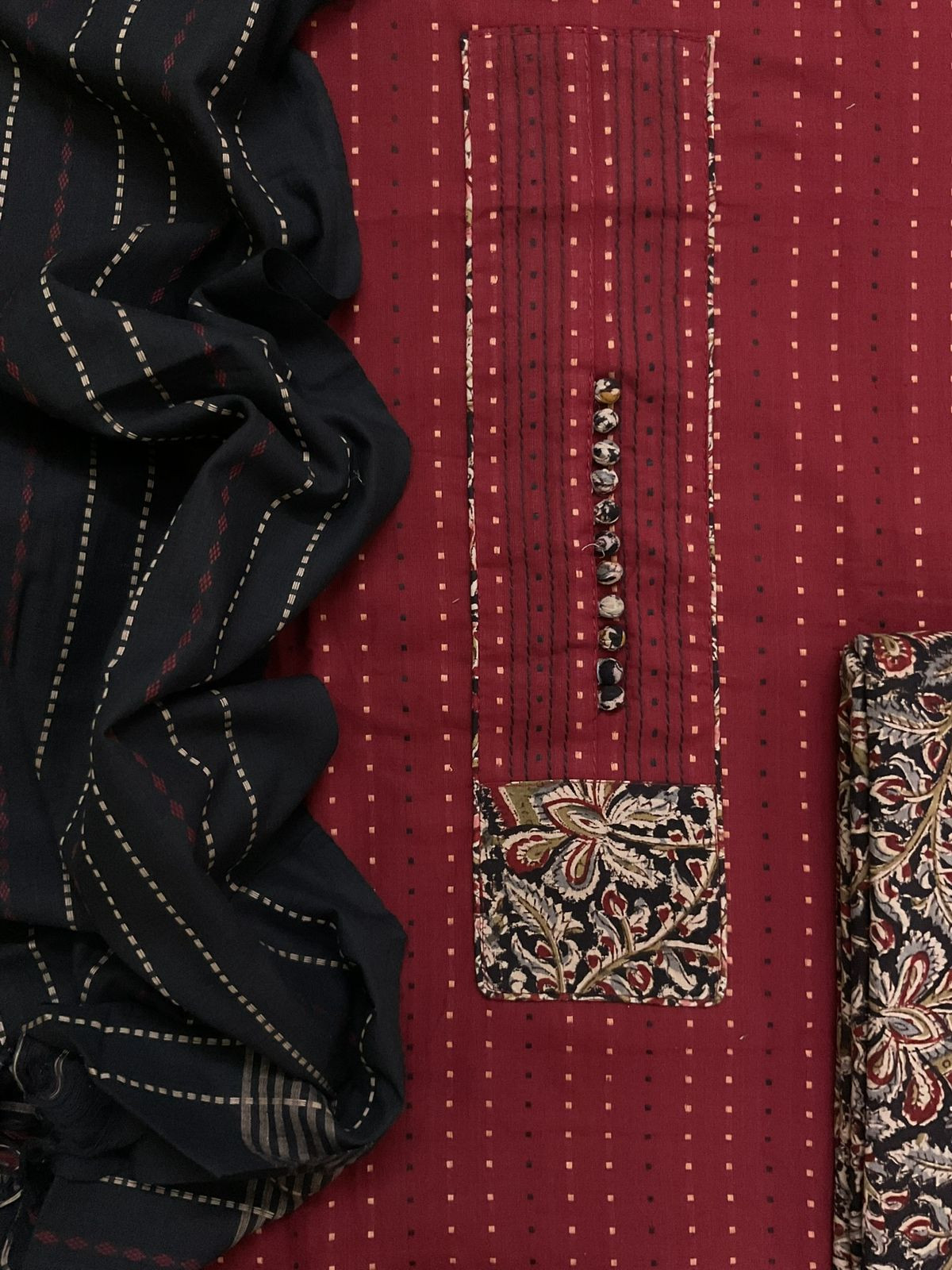 Pure Handloom Cotton Self Weaved Printed Embroidered Suit - Maroon