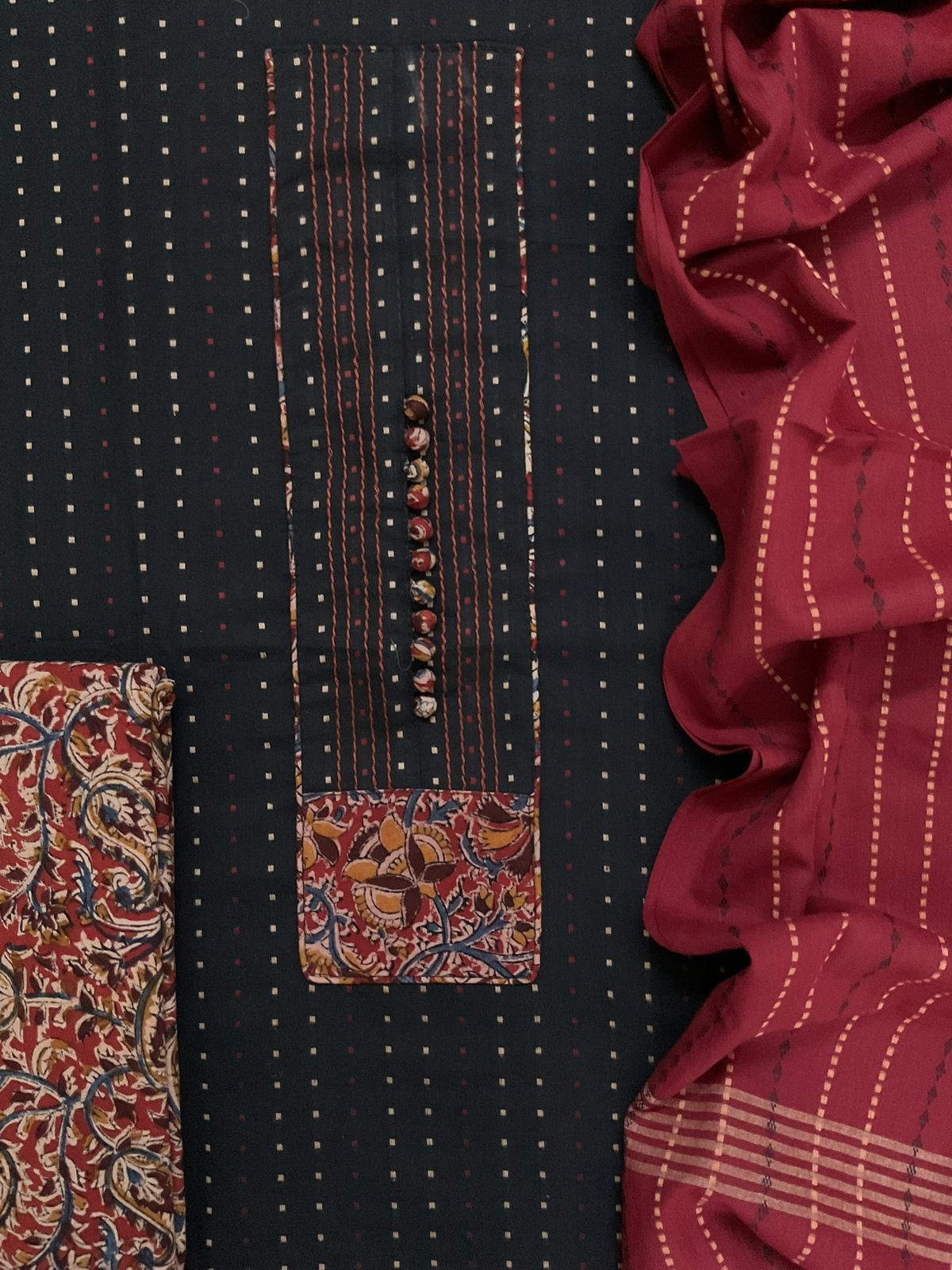 Pure Handloom Cotton Self Weaved Printed Embroidered Suit - Black