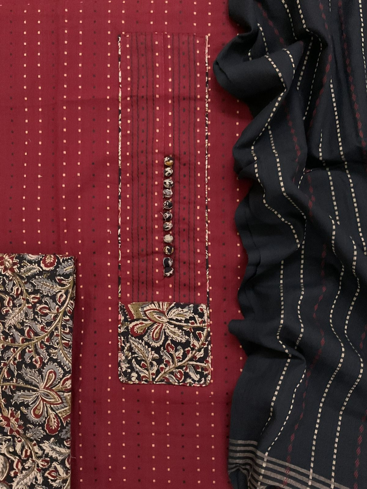 Pure Handloom Cotton Self Weaved Printed Embroidered Suit - Maroon