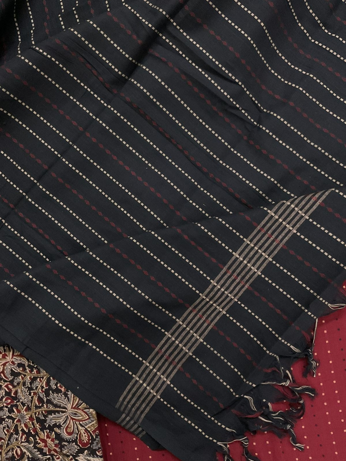 Pure Handloom Cotton Self Weaved Printed Embroidered Suit - Maroon