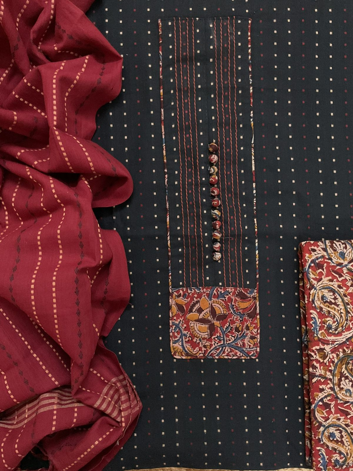 Pure Handloom Cotton Self Weaved Printed Embroidered Suit - Black