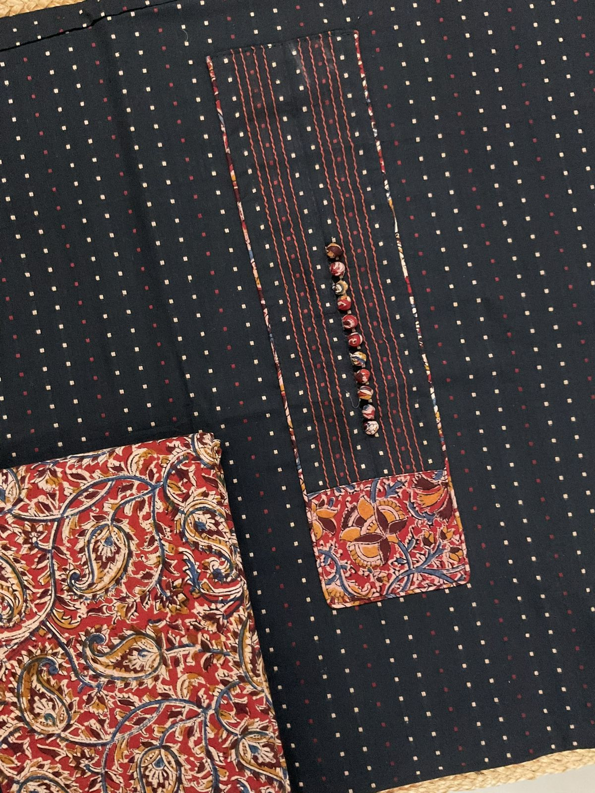 Pure Handloom Cotton Self Weaved Printed Embroidered Suit - Black
