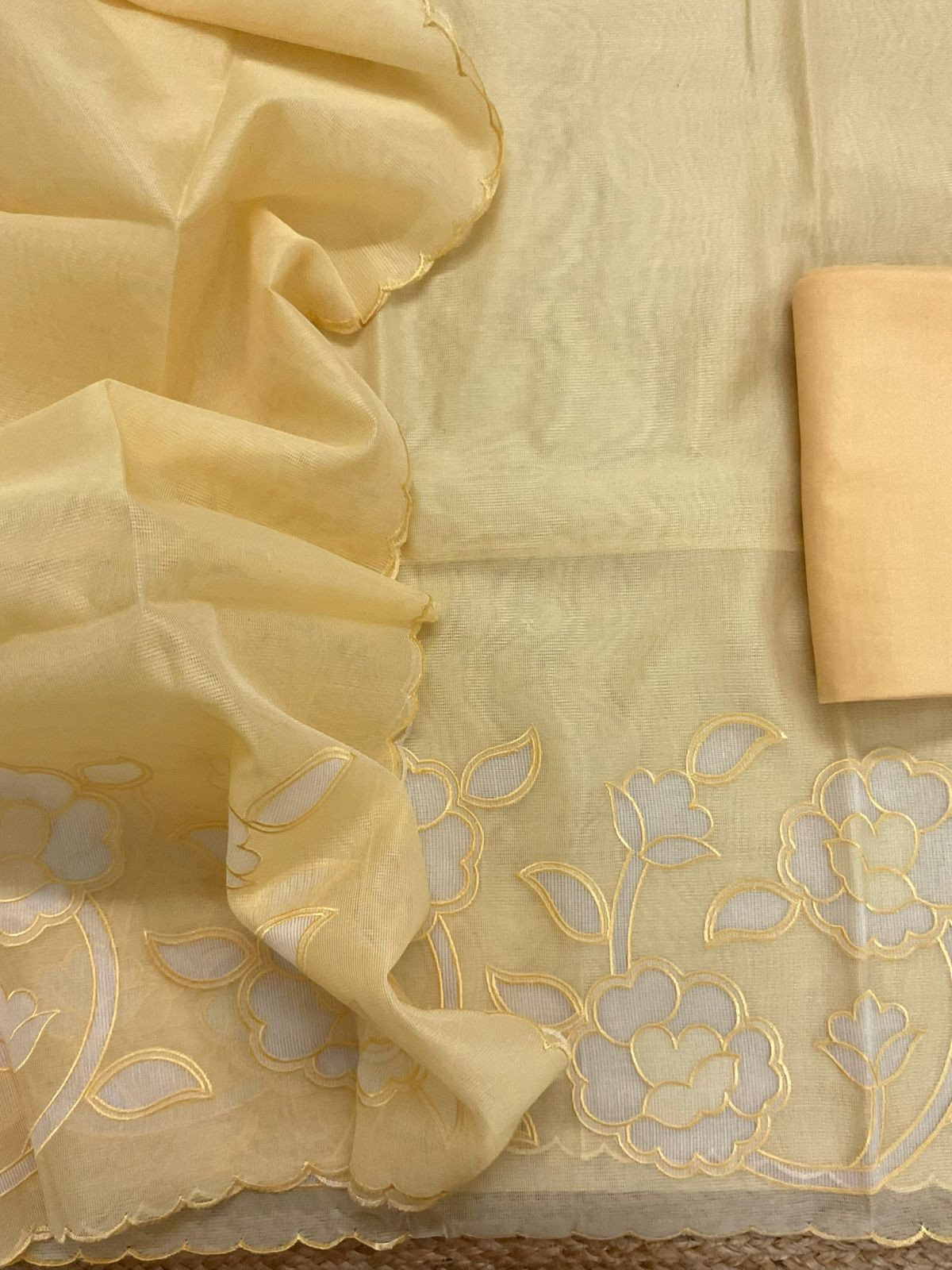 Soft Fine Supernet Embroidered Suit - Yellow