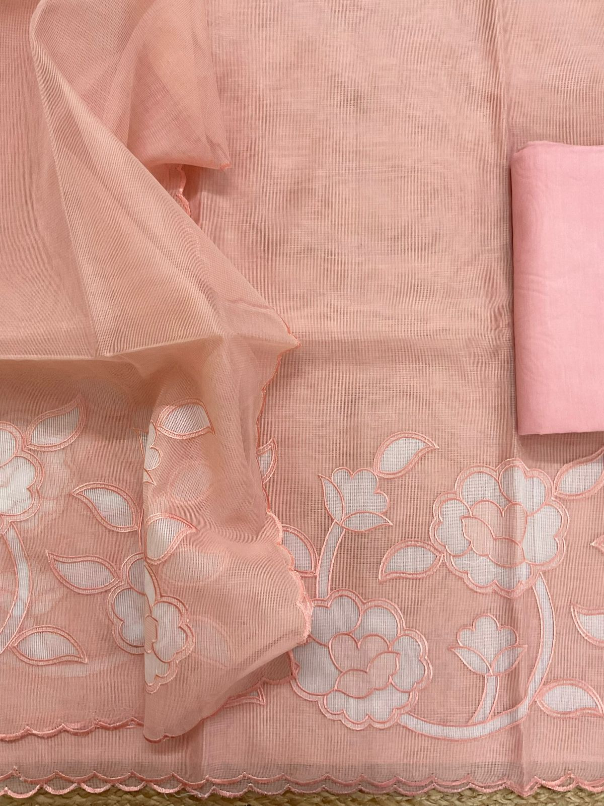 Soft Fine Supernet Embroidered Suit - Peach