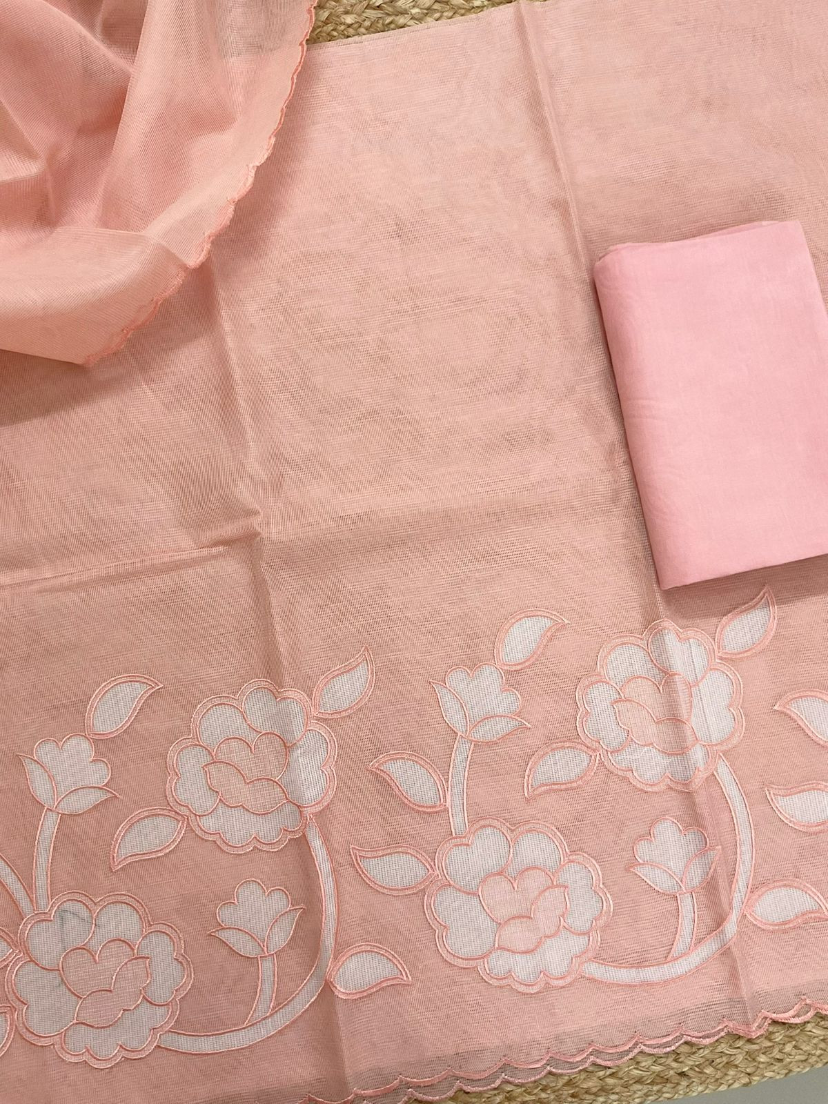 Soft Fine Supernet Embroidered Suit - Peach