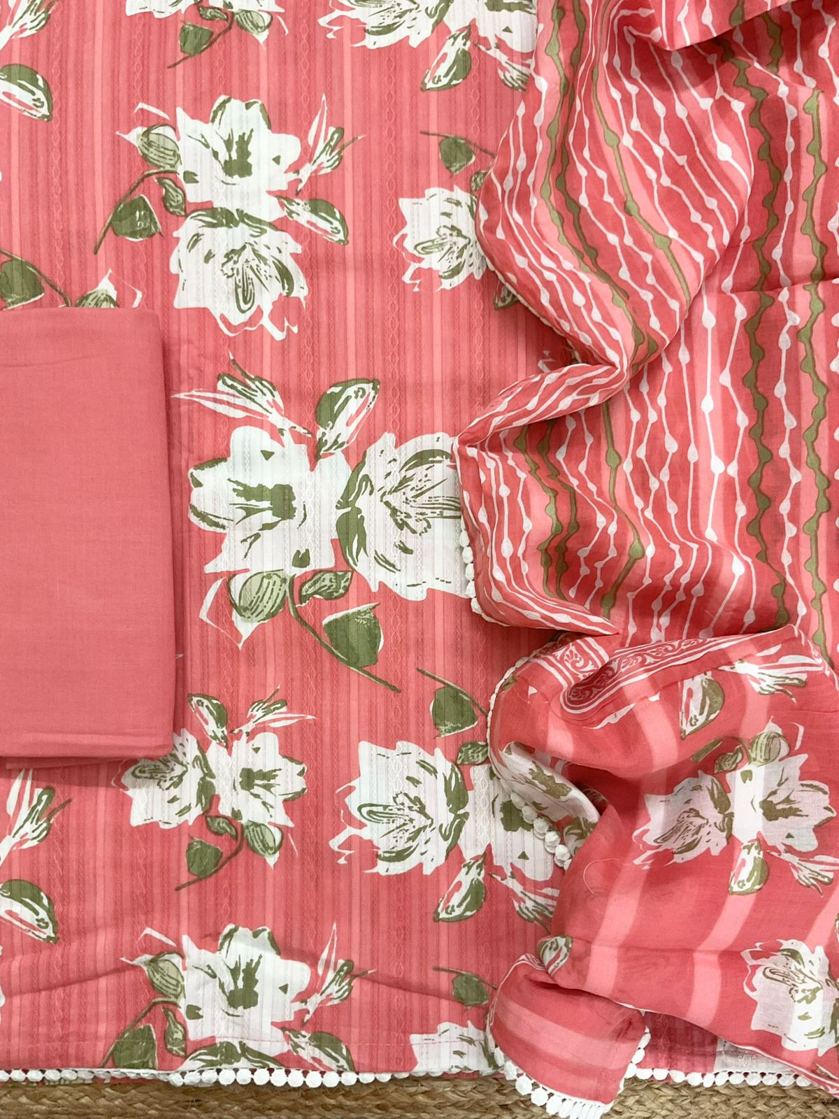 Pure Cotton Printed Self Weaved Suit - Peach