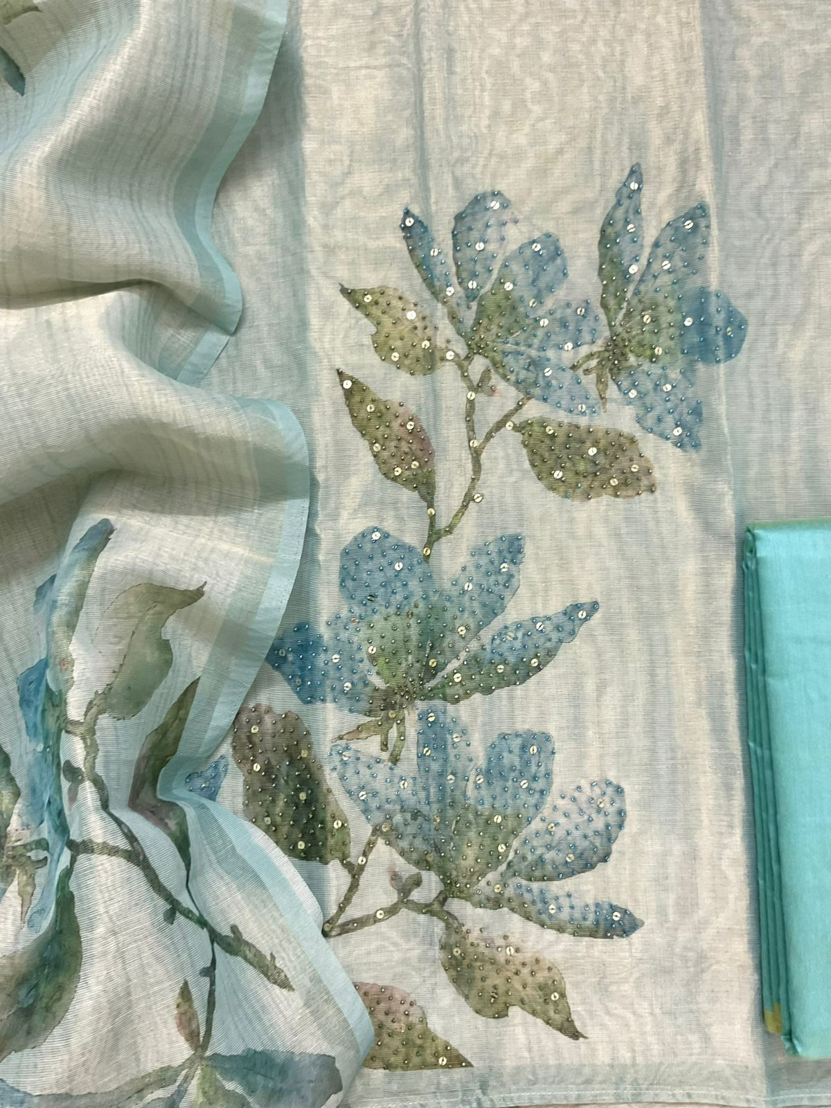 Soft Tissue Shimmer Silk Printed Embroidered Suit - Blue