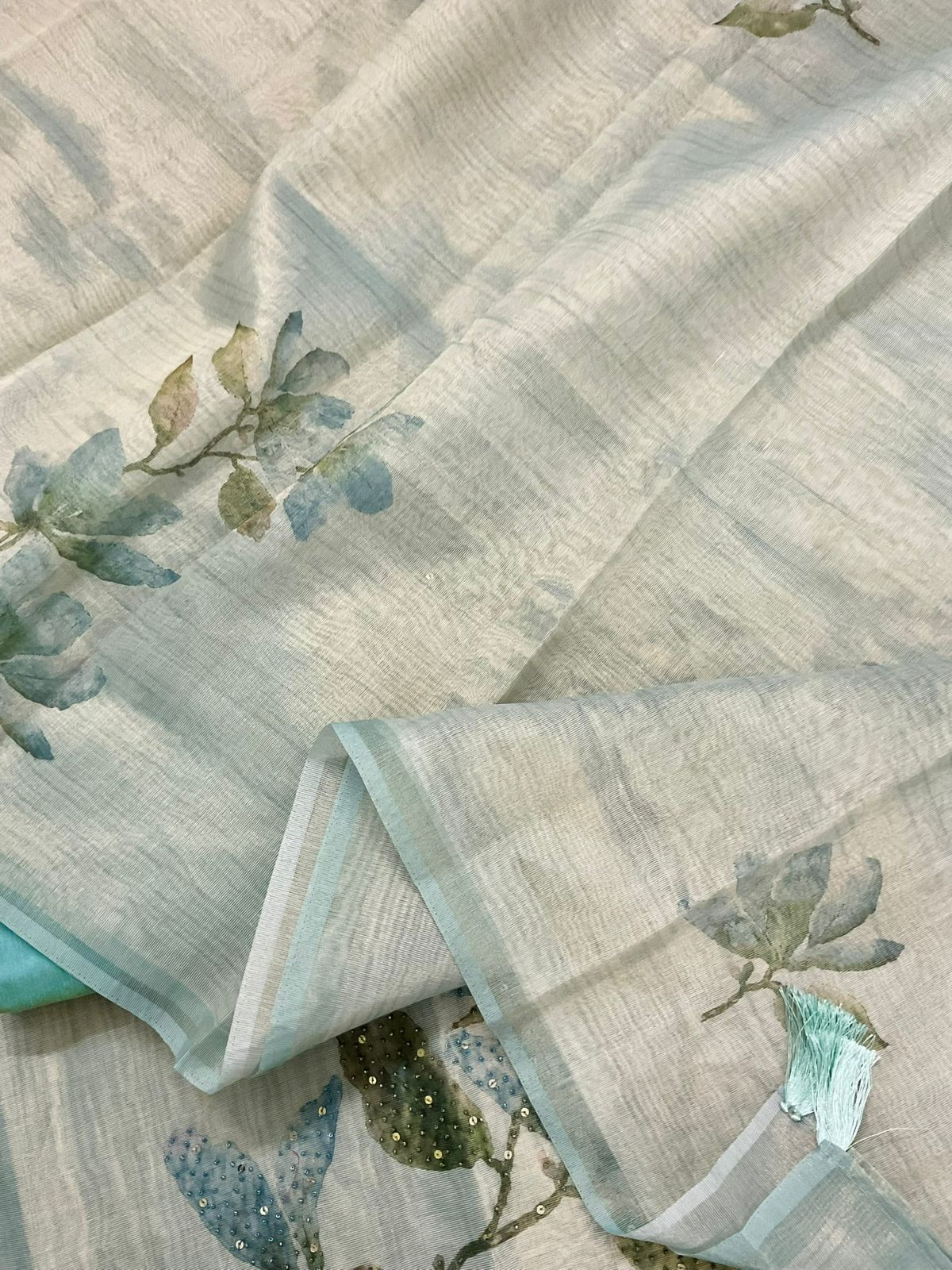 Soft Tissue Shimmer Silk Printed Embroidered Suit - Blue