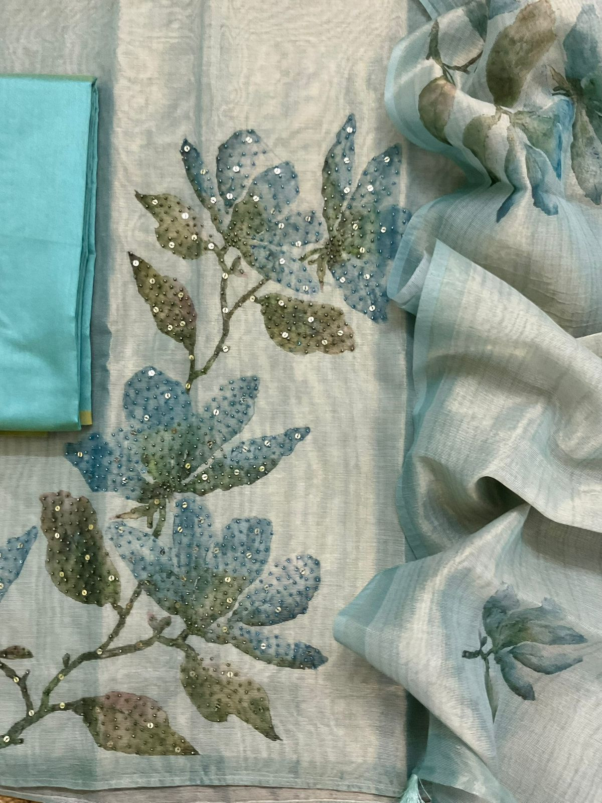 Soft Tissue Shimmer Silk Printed Embroidered Suit - Blue