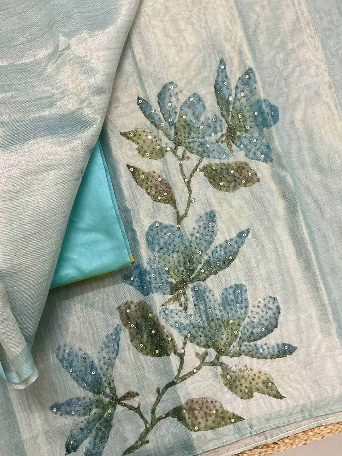 Soft Tissue Shimmer Silk Printed Embroidered Suit - Blue