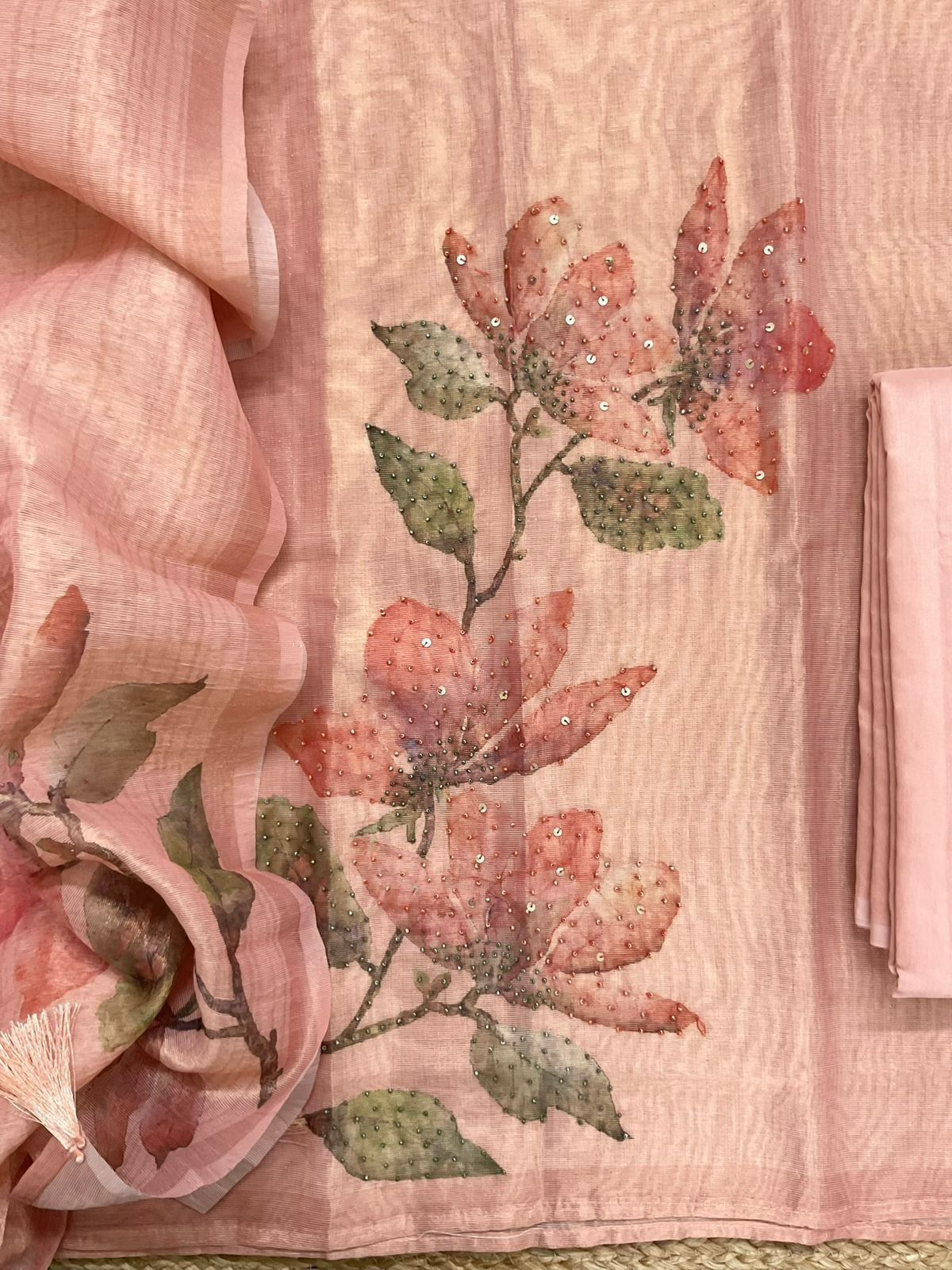 Soft Tissue Shimmer Silk Printed Embroidered Suit - Peach