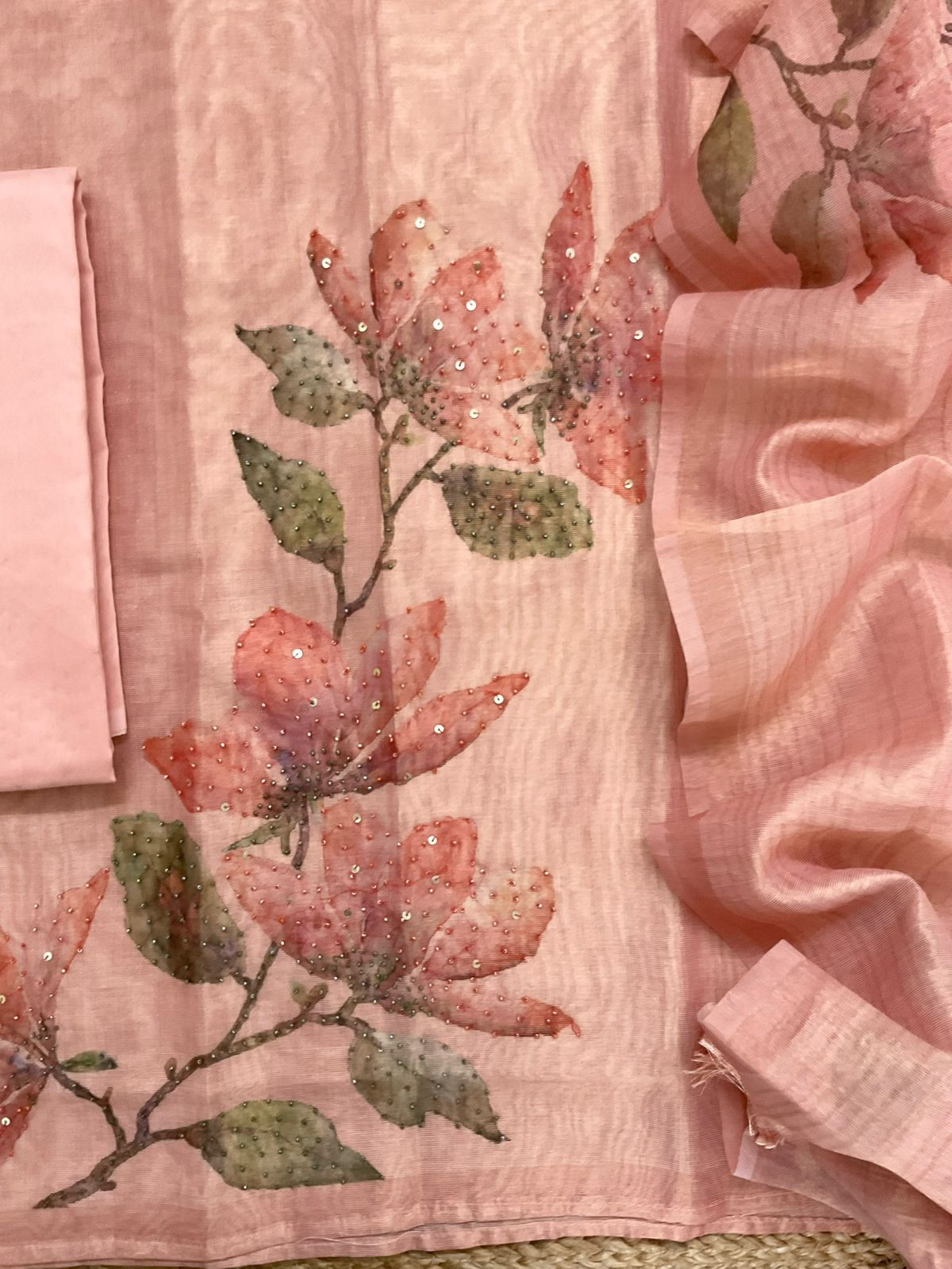 Soft Tissue Shimmer Silk Printed Embroidered Suit - Peach