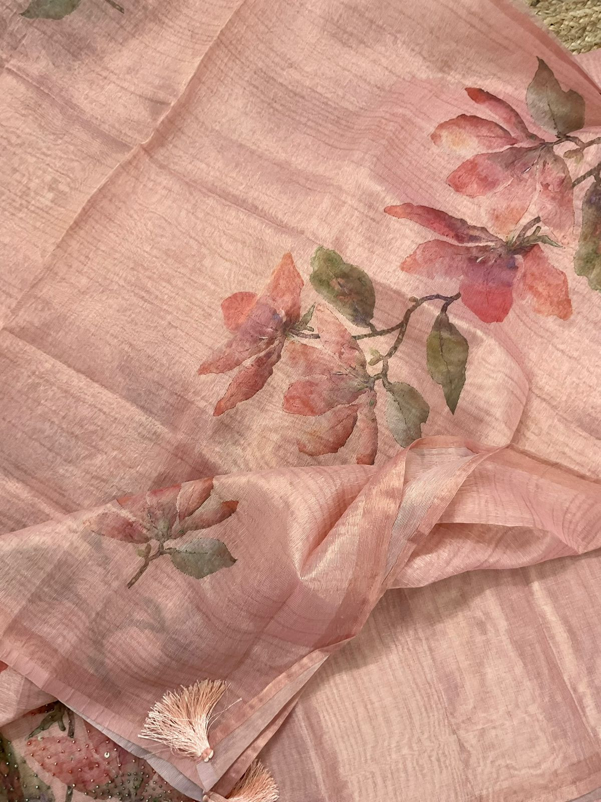 Soft Tissue Shimmer Silk Printed Embroidered Suit - Peach