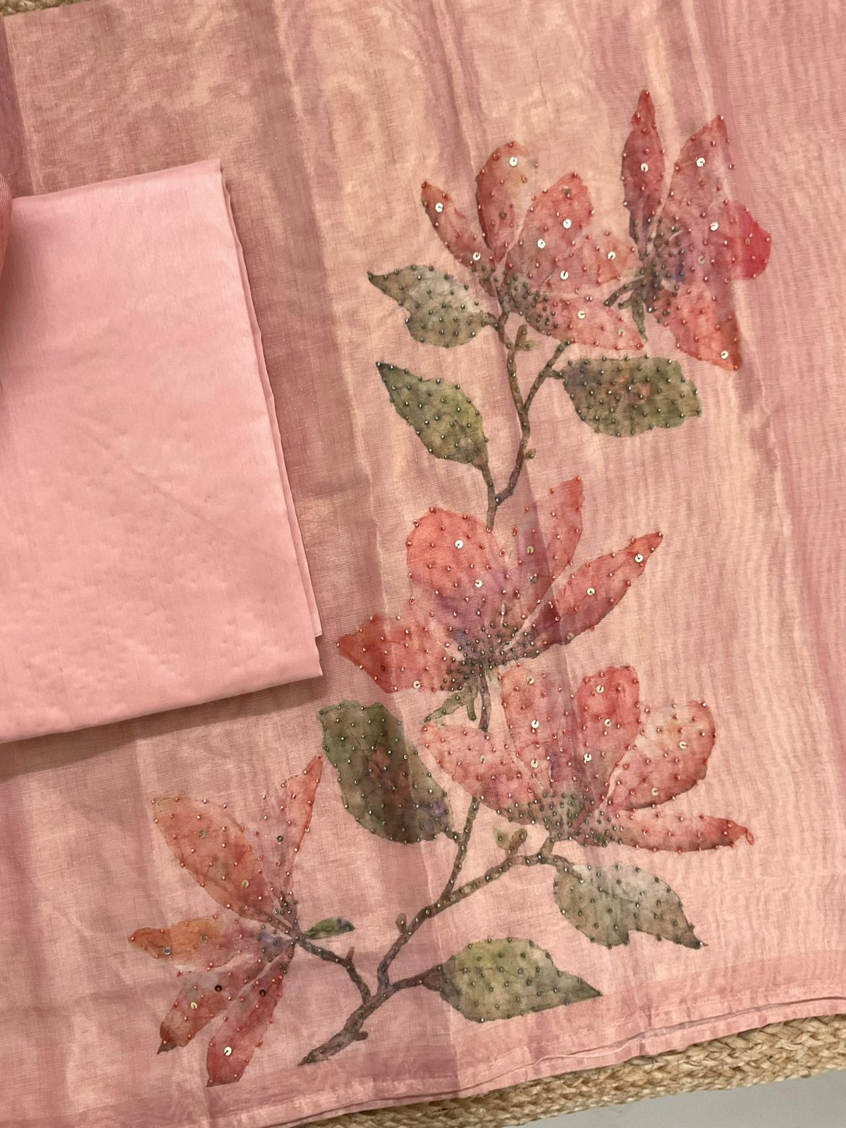 Soft Tissue Shimmer Silk Printed Embroidered Suit - Peach