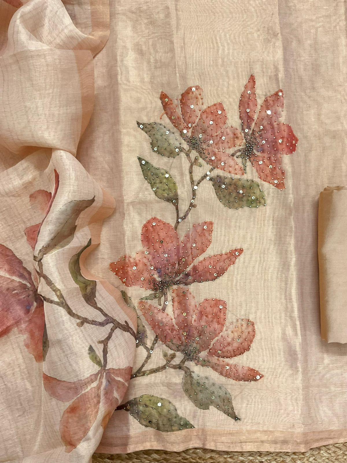 Soft Tissue Shimmer Silk Printed Embroidered Suit - Beige