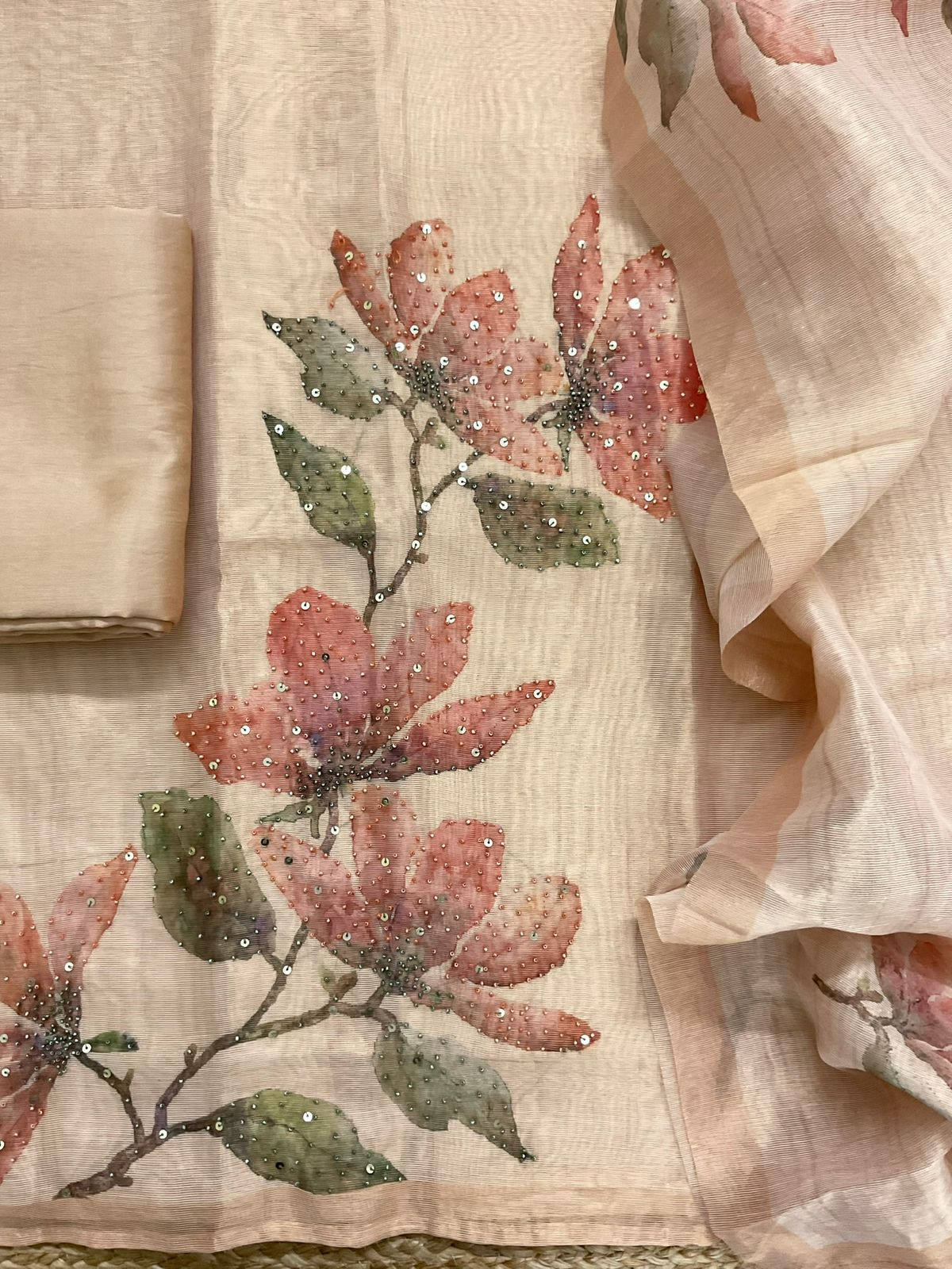 Soft Tissue Shimmer Silk Printed Embroidered Suit - Beige