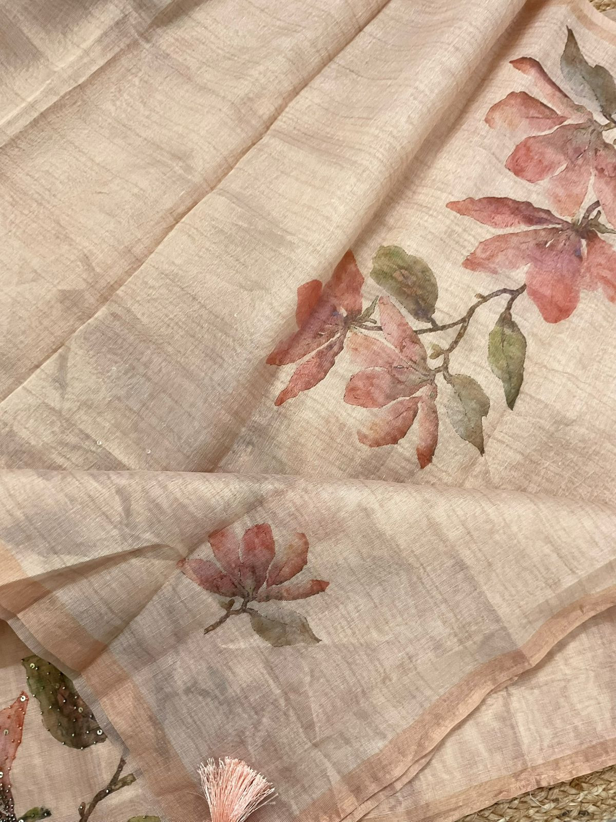 Soft Tissue Shimmer Silk Printed Embroidered Suit - Beige