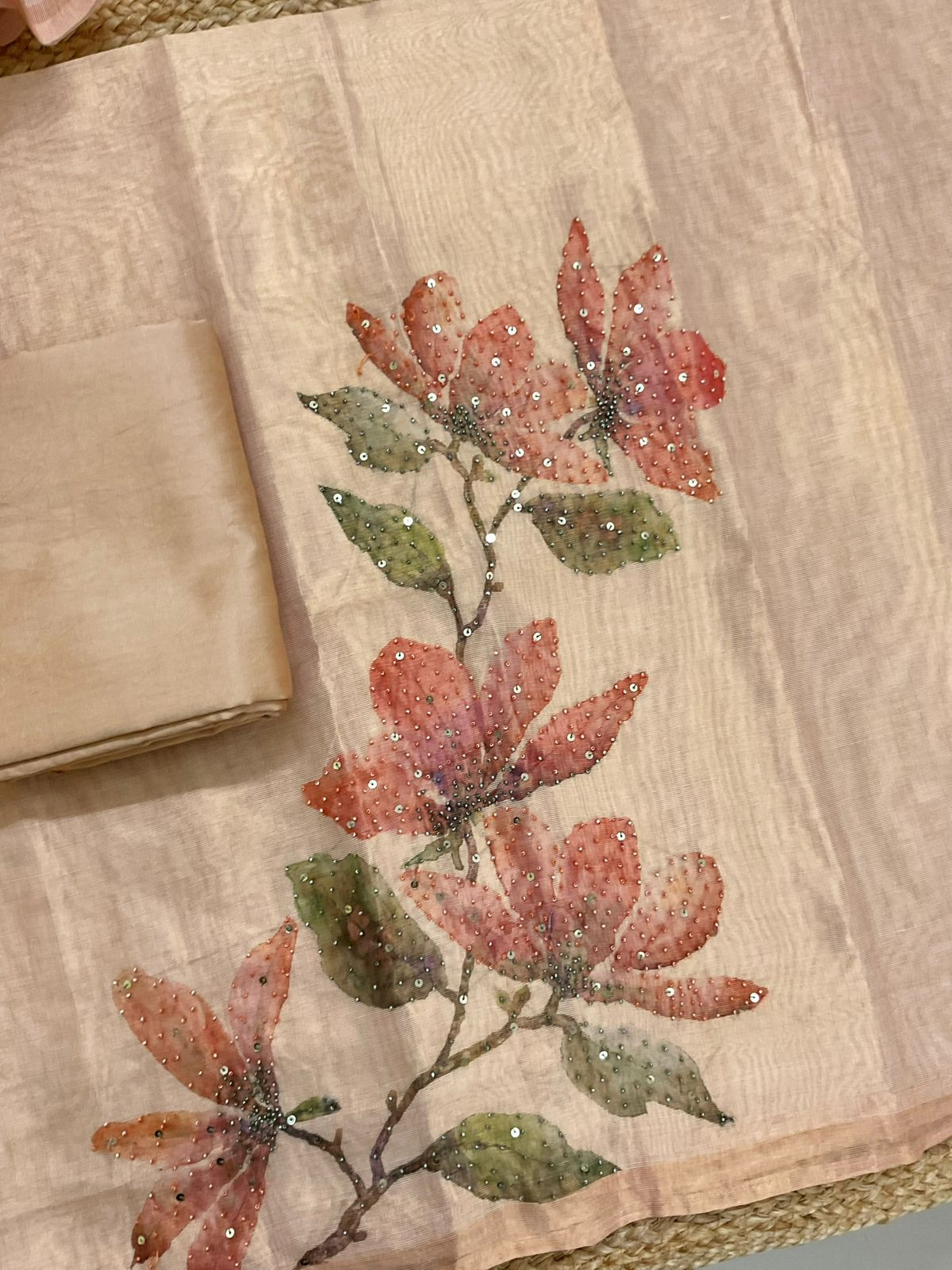 Soft Tissue Shimmer Silk Printed Embroidered Suit - Beige