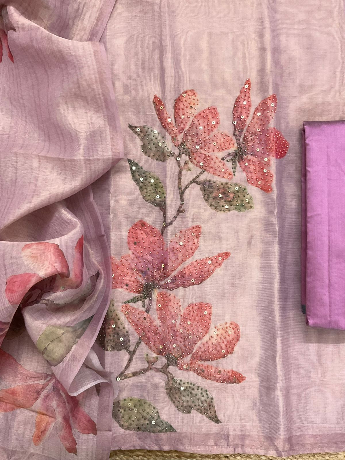 Soft Tissue Shimmer Silk Printed Embroidered Suit - Purple