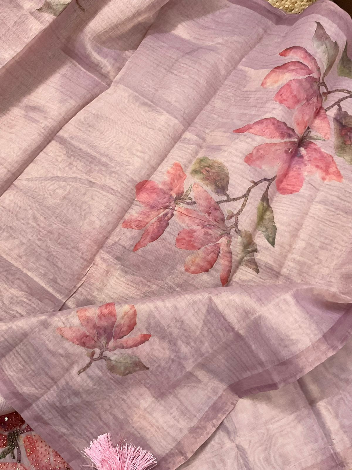 Soft Tissue Shimmer Silk Printed Embroidered Suit - Purple