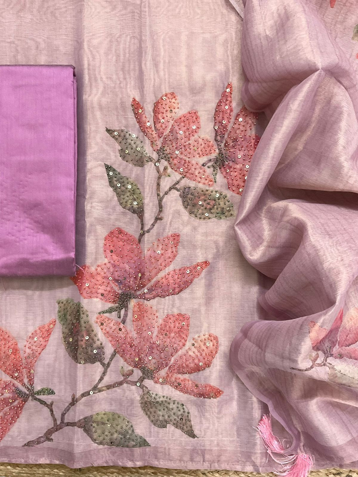 Soft Tissue Shimmer Silk Printed Embroidered Suit - Purple