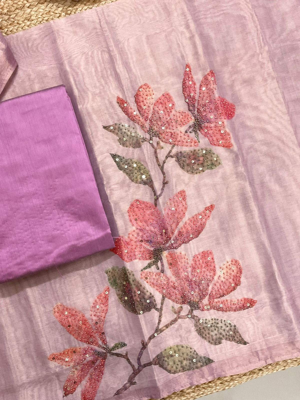 Soft Tissue Shimmer Silk Printed Embroidered Suit - Purple