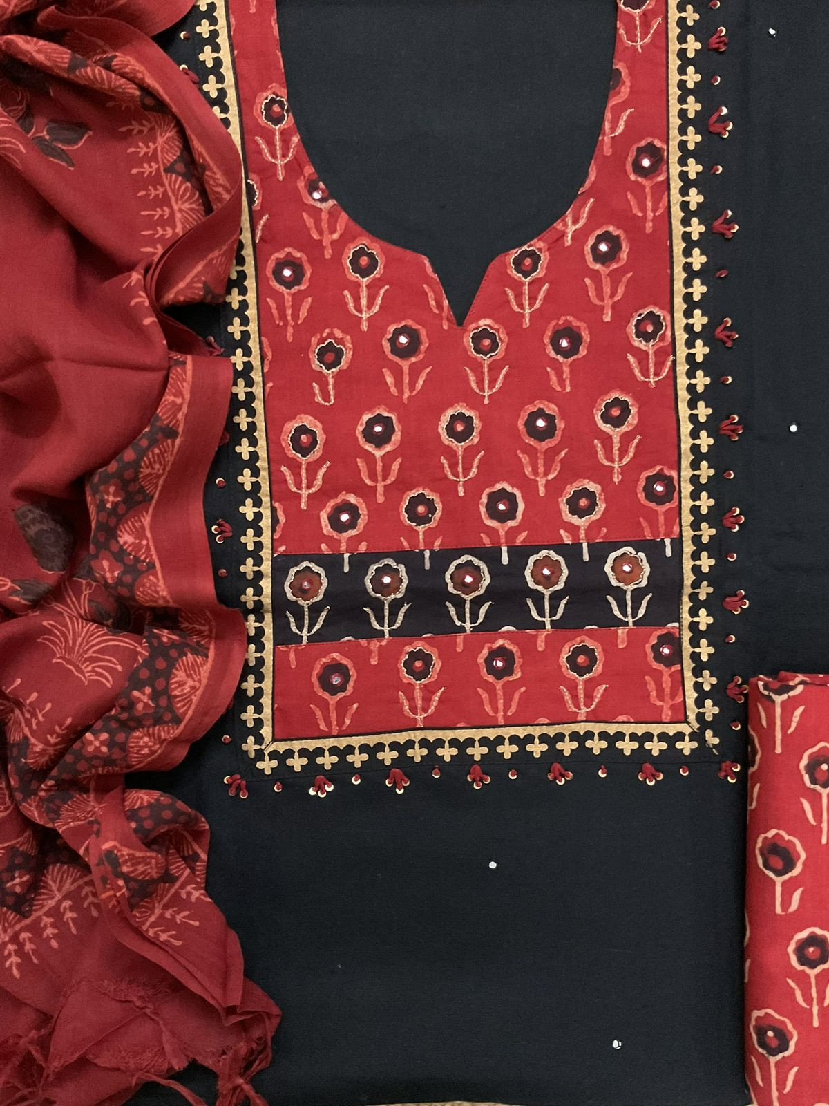 Pure Cotton Printed Embroidered Suit - Black