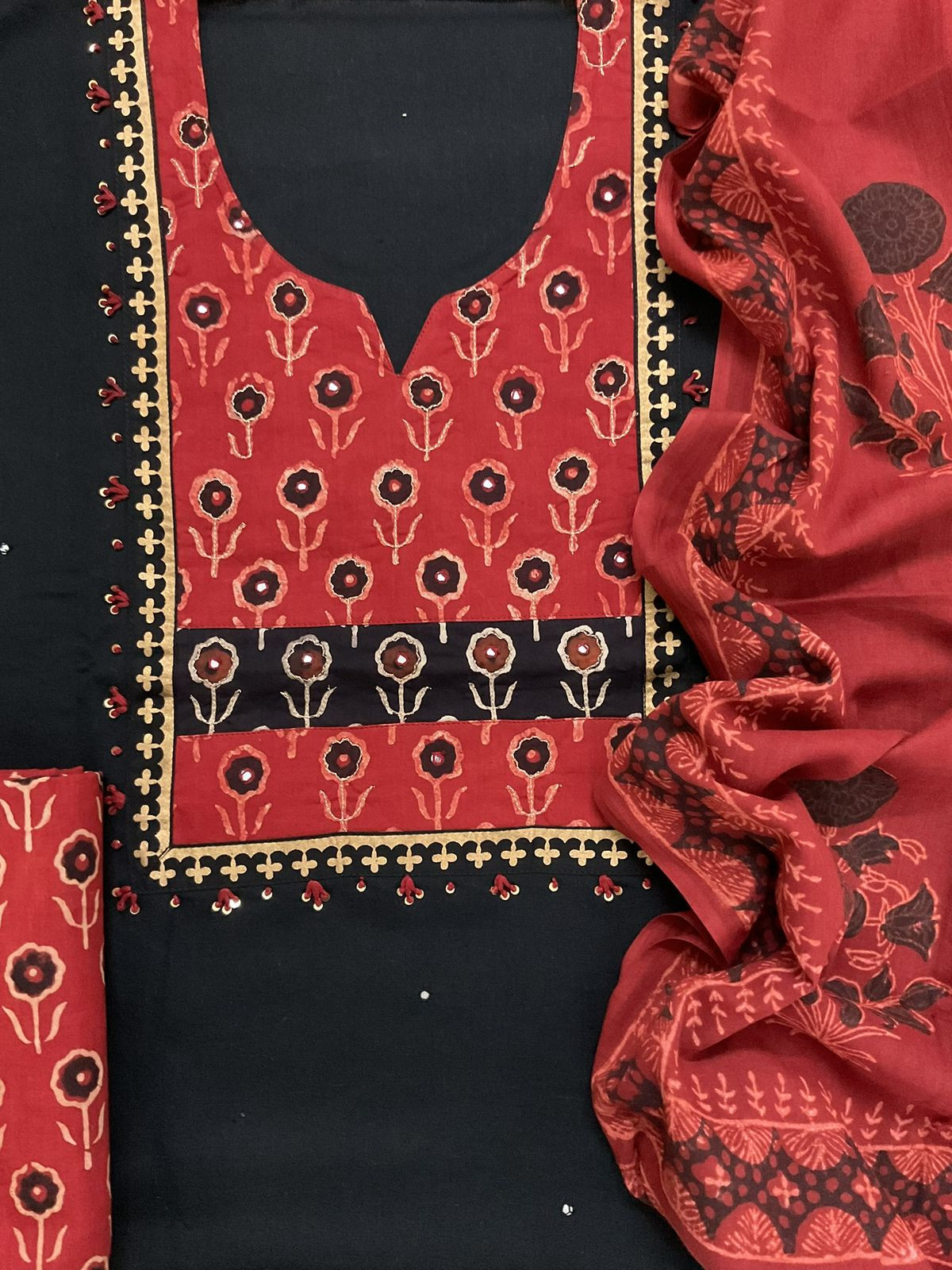 Pure Cotton Printed Embroidered Suit - Black