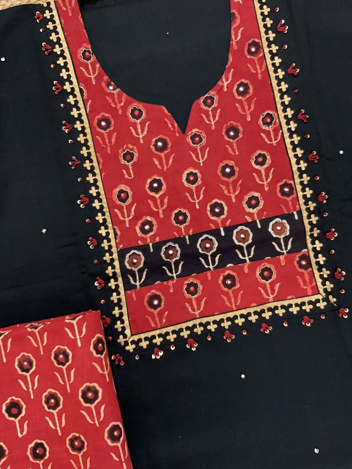 Pure Cotton Printed Embroidered Suit - Black