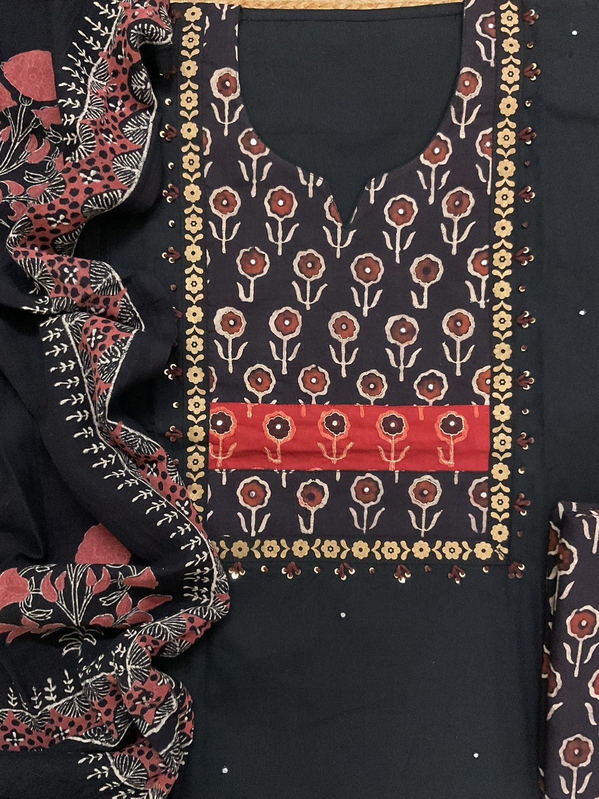 Pure Cotton Printed Embroidered Suit - Black
