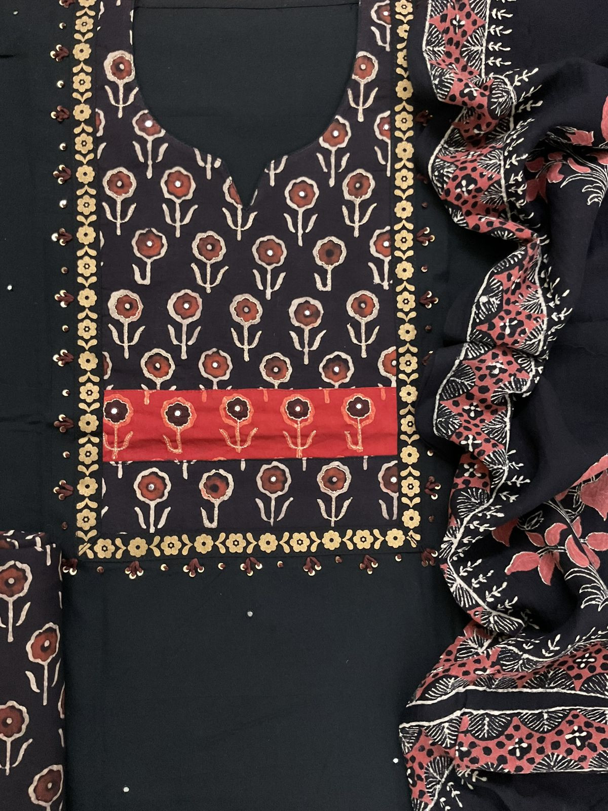 Pure Cotton Printed Embroidered Suit - Black