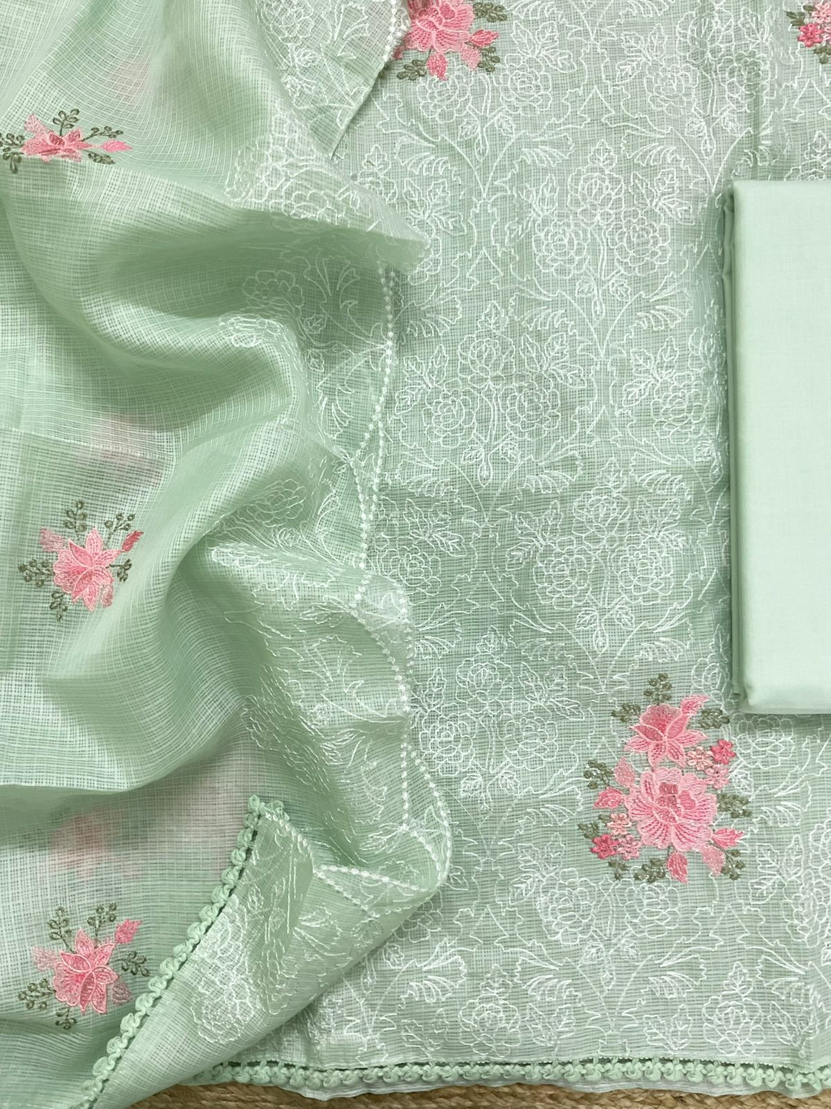 Soft Kota Silk Embroidered Suit - Green