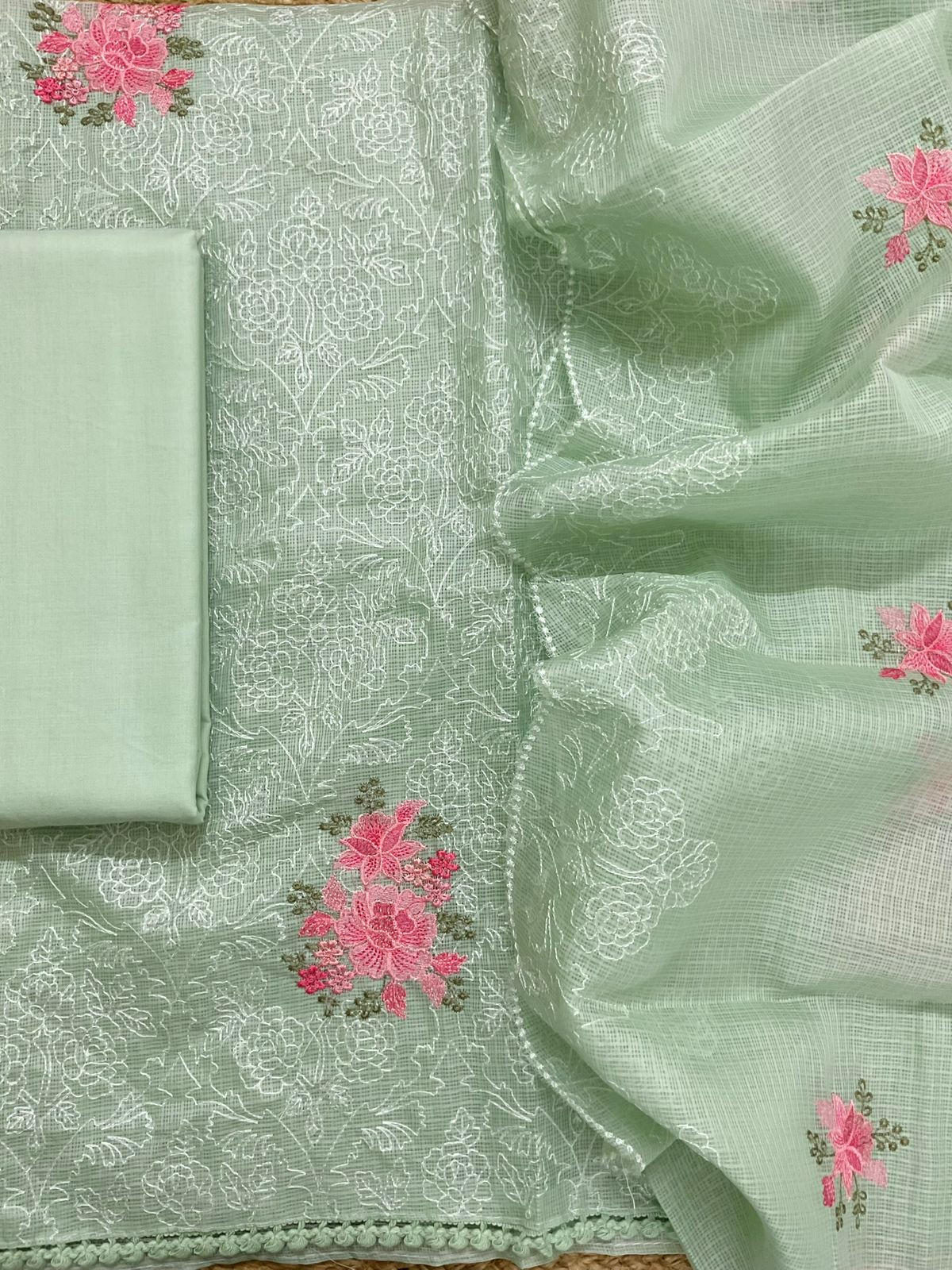 Soft Kota Silk Embroidered Suit - Green