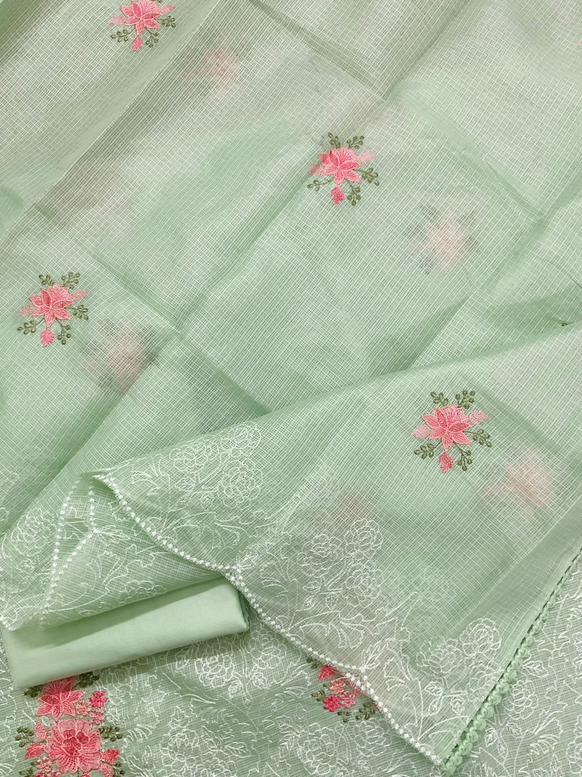 Soft Kota Silk Embroidered Suit - Green