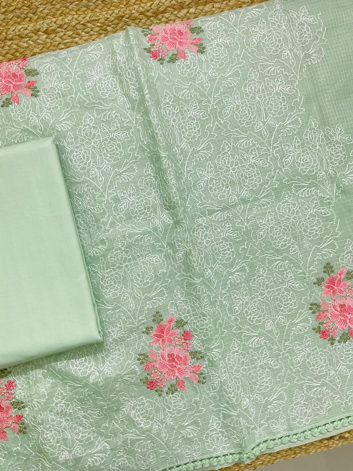 Soft Kota Silk Embroidered Suit - Green