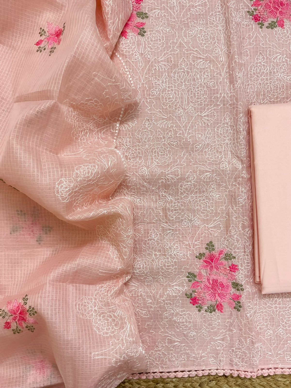 Soft Kota Silk Embroidered Suit - Peach