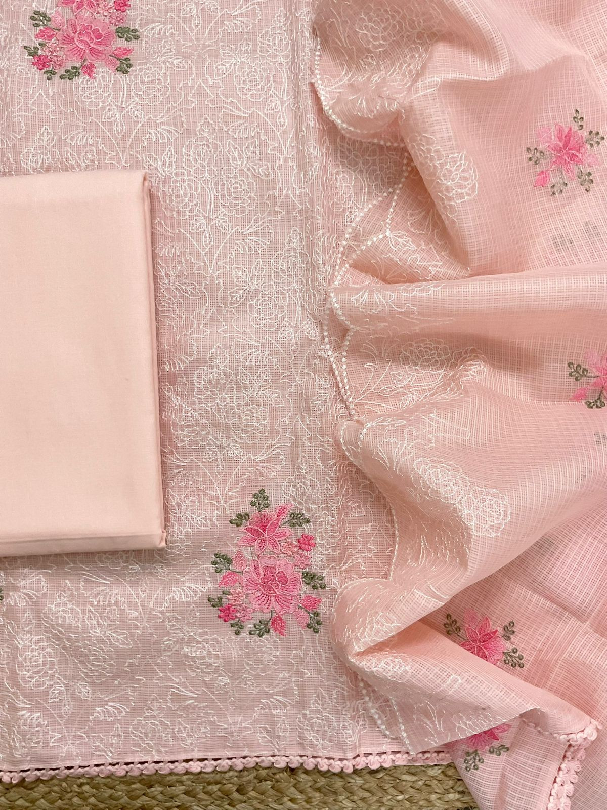 Soft Kota Silk Embroidered Suit - Peach