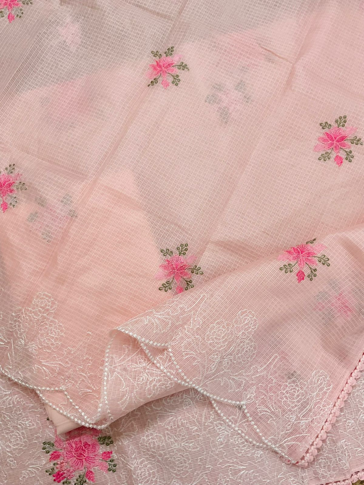 Soft Kota Silk Embroidered Suit - Peach